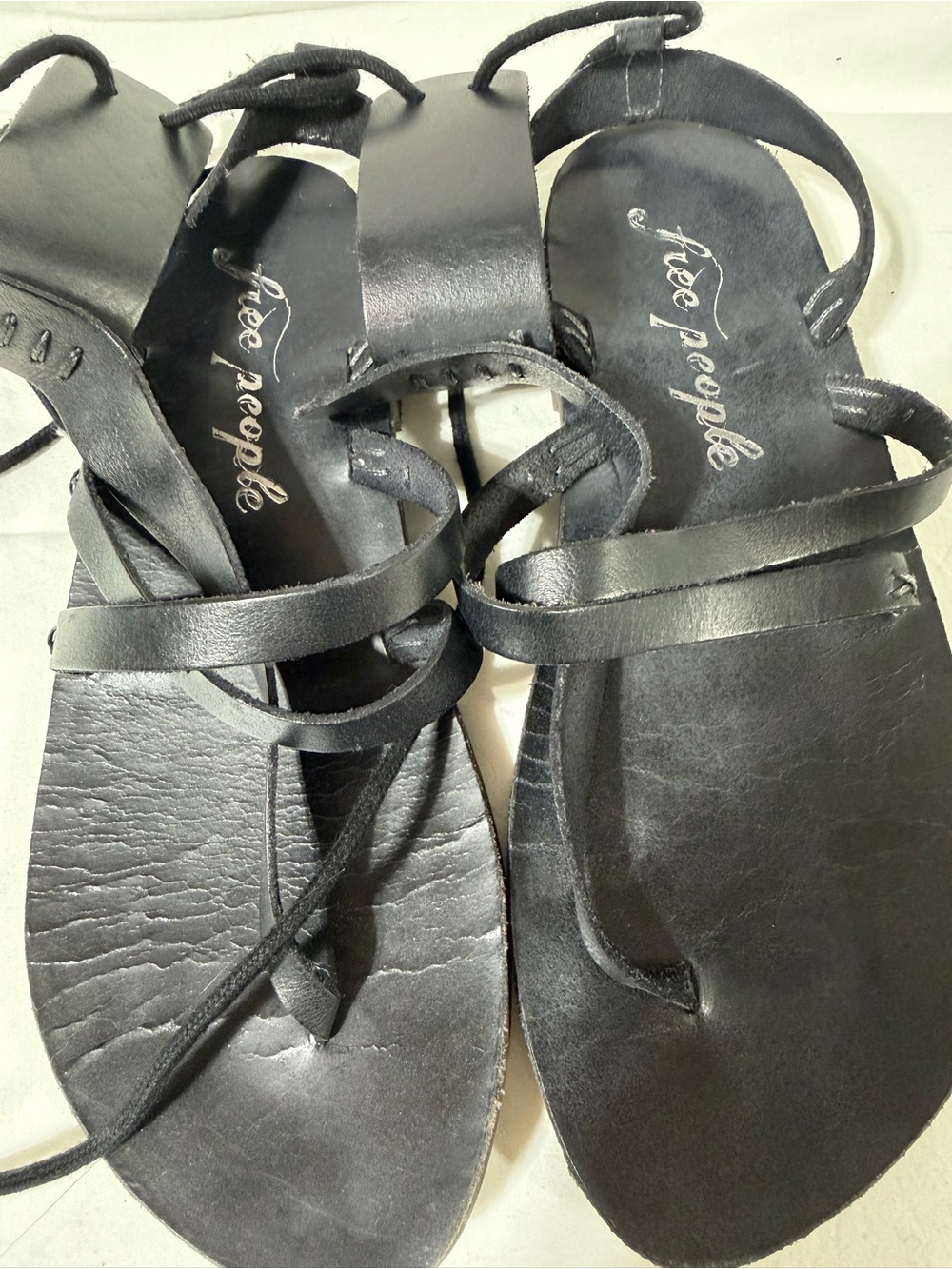 Free People Black Leather Strappy Lace-Up Sandals